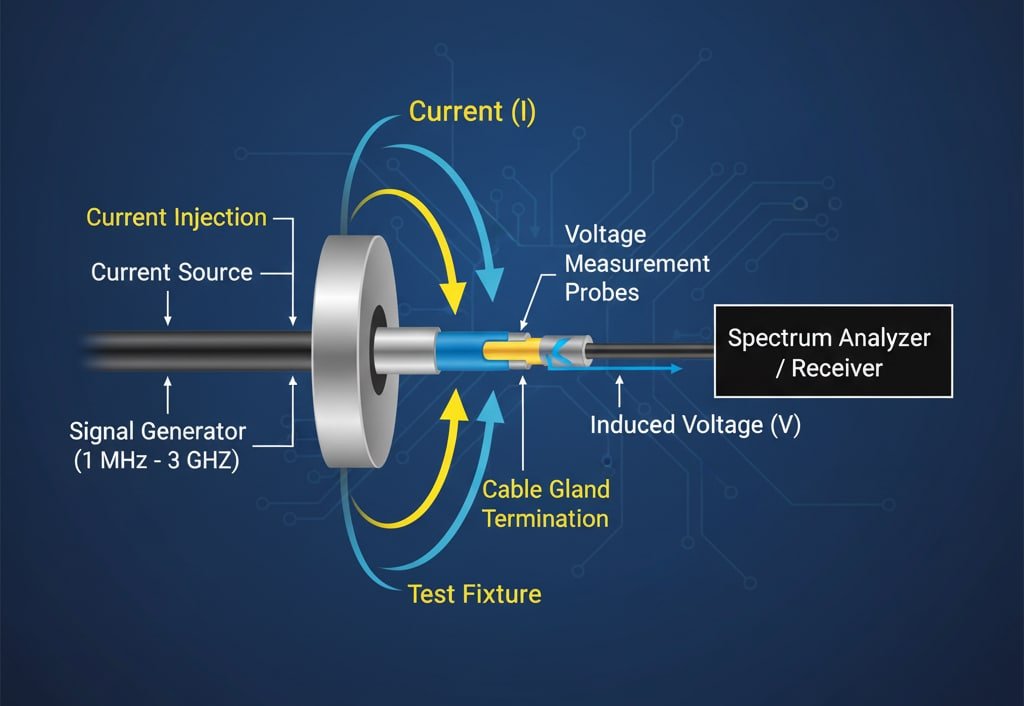 A detailed diagram illustrates a "Transfer Impedance Measurement Setup" for testing EMC cable glands. It shows a current source and signal generator (1 MHz - 3 GHz) injecting current (I) through a cable shield, which passes through a test fixture and a cable gland termination. Voltage measurement probes detect the induced voltage (V) that is then analyzed by a spectrum analyzer/receiver. The formula "Transfer Impedance (Zt) = V / I" is prominently displayed, along with "IEC 62153-4-3 Standard," explaining the scientific method for quantifying electromagnetic shielding effectiveness.