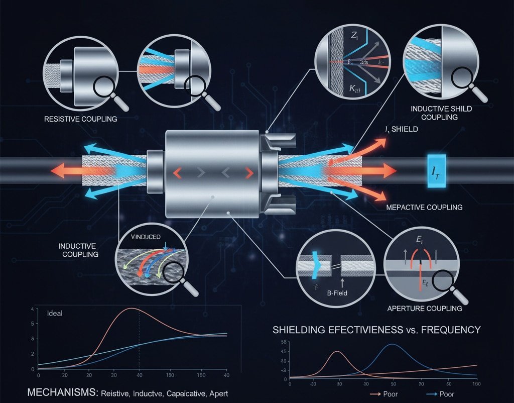 Диаграма на преносния импеданс, илюстрираща различните механизми на свързване (съпротивително, индуктивно, капацитивно, апертурно) в кабелен сандък за ЕМС, с формулата ZT = индуцирано напрежение (V) / ток на екраниране (I) в горната част и графики, показващи ефективността на екранирането в зависимост от честотата в долната част. В текста на изображението се споменава "POOR" и "GOOD" до графиките. Изображението включва също така "КЛЮЧОВИ СТАНДАРТИ: IEC 62153-4-3" и "ПРИЛОЖЕНИЯ: Телекомуникации, аерокосмическа индустрия, промишленост".
