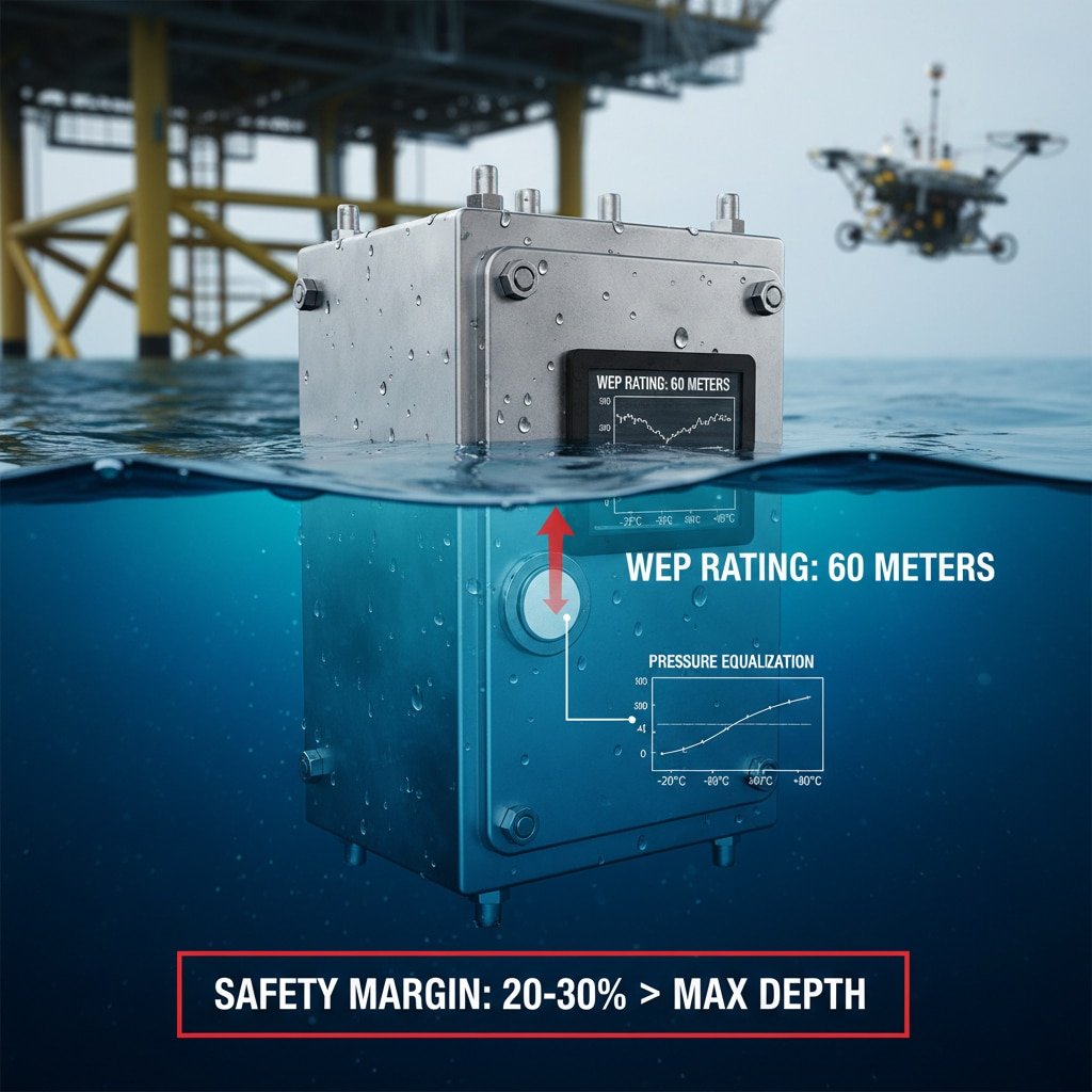 عرض توضيحي لتصنيف WEP مع ضميمة مغمورة جزئيًا في الماء، يوضح مقاومة الضغط ومعادلة الضغط في بيئة منصة نفطية بحرية.