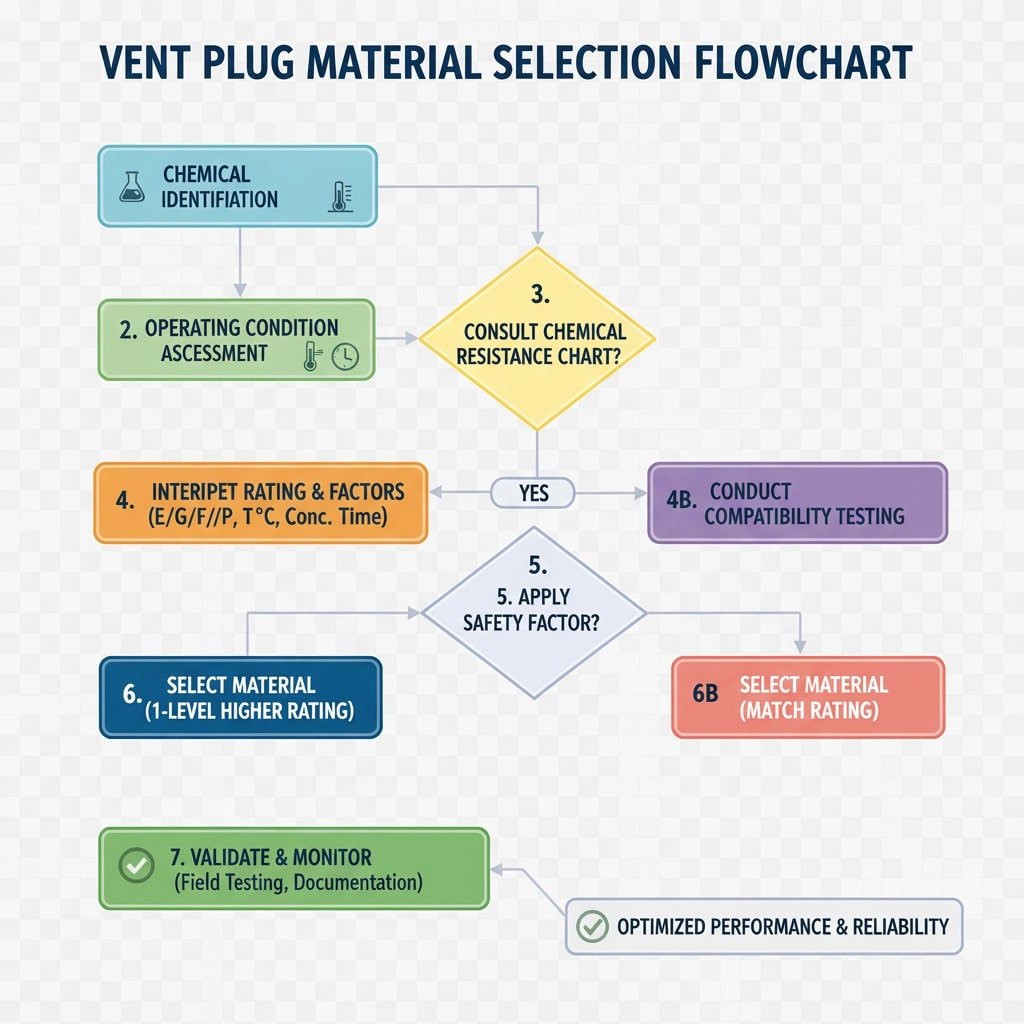 Sơ đồ quy trình chi tiết về quy trình hệ thống để lựa chọn vật liệu nút thông hơi dựa trên khả năng chống hóa chất và điều kiện vận hành. Các bước bao gồm xác định hóa chất, đánh giá điều kiện vận hành, tham khảo bảng khả năng chống hóa chất, giải thích các chỉ số và yếu tố, thực hiện thử nghiệm tương thích, áp dụng hệ số an toàn, lựa chọn vật liệu, và cuối cùng là xác minh và giám sát hiệu suất để đạt kết quả tối ưu.