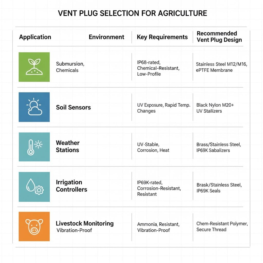 Et sammenlignende diagram, der illustrerer anbefalede design af udluftningspropper til forskellige landbrugsanvendelser. Diagrammet kategoriserer anvendelser som jordsensorer, vejrstationer, vandingsregulatorer og husdyrovervågning og beskriver deres specifikke miljøforhold, vigtige krav og tilsvarende ideelle egenskaber for udluftningspropper, herunder materialer, IP-klassificeringer og membrantyper.