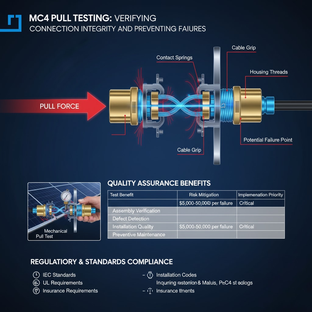 題為「MC4 拉力測試：驗證連線完整性並防止故障」的技術圖表，說明 MC4 連接器在拉力測試壓力下的內部機械結構。它以剖面圖顯示「觸點彈簧」、「纜線握把」、「外殼螺紋」以及施加「拉力」時的「潛在故障點」。插圖顯示一隻手使用量具對連接器進行「機械拉力測試」。QUALITY ASSURANCE BENEFITS」表格詳述拉力測試如何降低風險，列出「組裝驗證」、「缺陷偵測」、「安裝品質」和「預防性維護」。「符合法規與標準 」部分列出了 「IEC 標準」、「UL 要求 」和 「保險要求」。