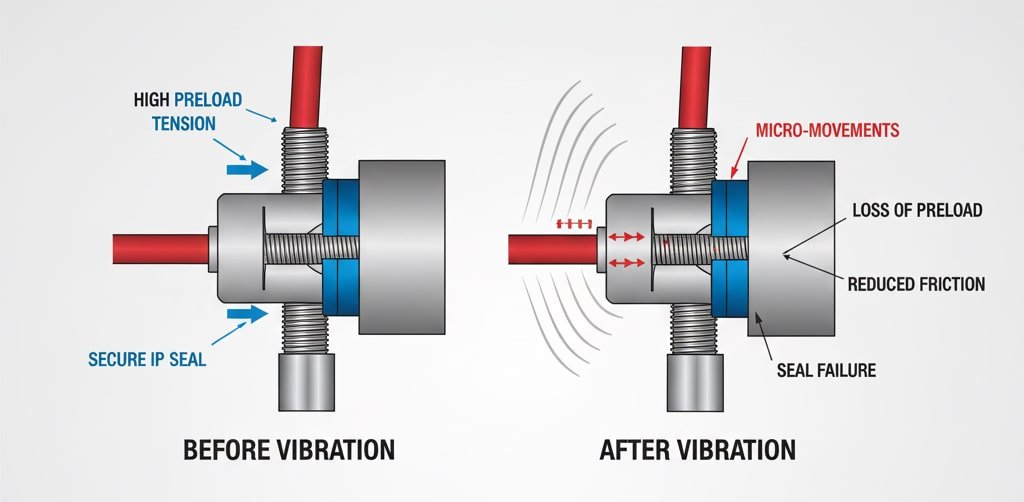 Diagram teknis yang mengilustrasikan efek getaran pada sambungan ulir, diberi label "VIBRATION-INDUCED LOOSENING." Sisi kiri menunjukkan kondisi "SEBELUM GETARAN" dengan tegangan awal yang tinggi dan segel IP yang aman. Sisi kanan menunjukkan kondisi "SETELAH GETARAN" dengan gerakan mikro, hilangnya beban awal, berkurangnya gesekan, dan kegagalan seal. Di bawah ini, grafik garis menampilkan "TINGKAT KEGAGALAN (%)" versus "FREKUENSI GETARAN (Hz)," dengan teks yang menyertainya: "TINGKAT KEGAGALAN MENINGKAT SECARA EKSPONENSIAL DI ATAS AMPLITUDE 50Hz / 0,5 MM". Semua teks terbaca dengan jelas dan akurat dalam bahasa Inggris.