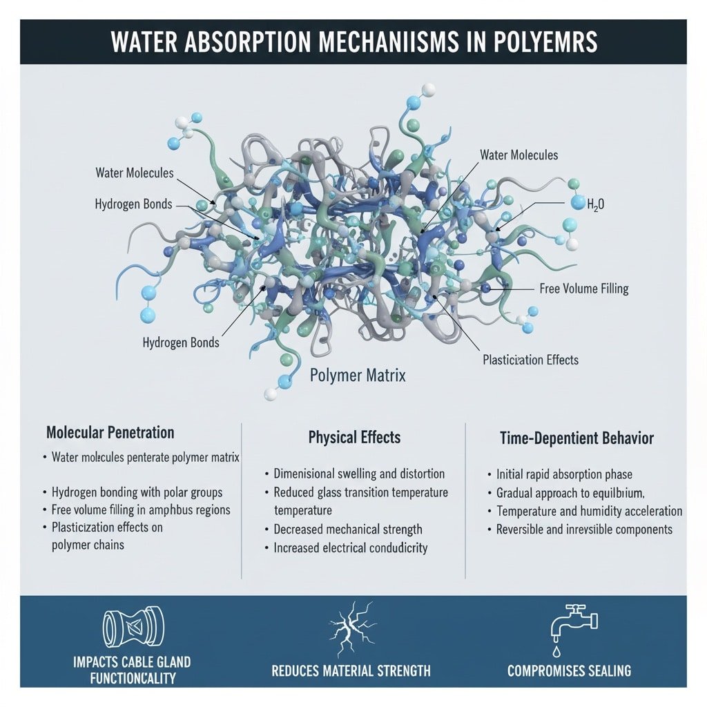 แผนภาพแสดงกลไกการดูดซับน้ำในพอลิเมอร์ โดยแสดงการแทรกซึมของโมเลกุล ผลกระทบทางกายภาพ และพฤติกรรมที่ขึ้นอยู่กับเวลา พร้อมกราฟิกตรงกลางแสดงโมเลกุลของน้ำที่มีปฏิสัมพันธ์กับเมทริกซ์พอลิเมอร์.
