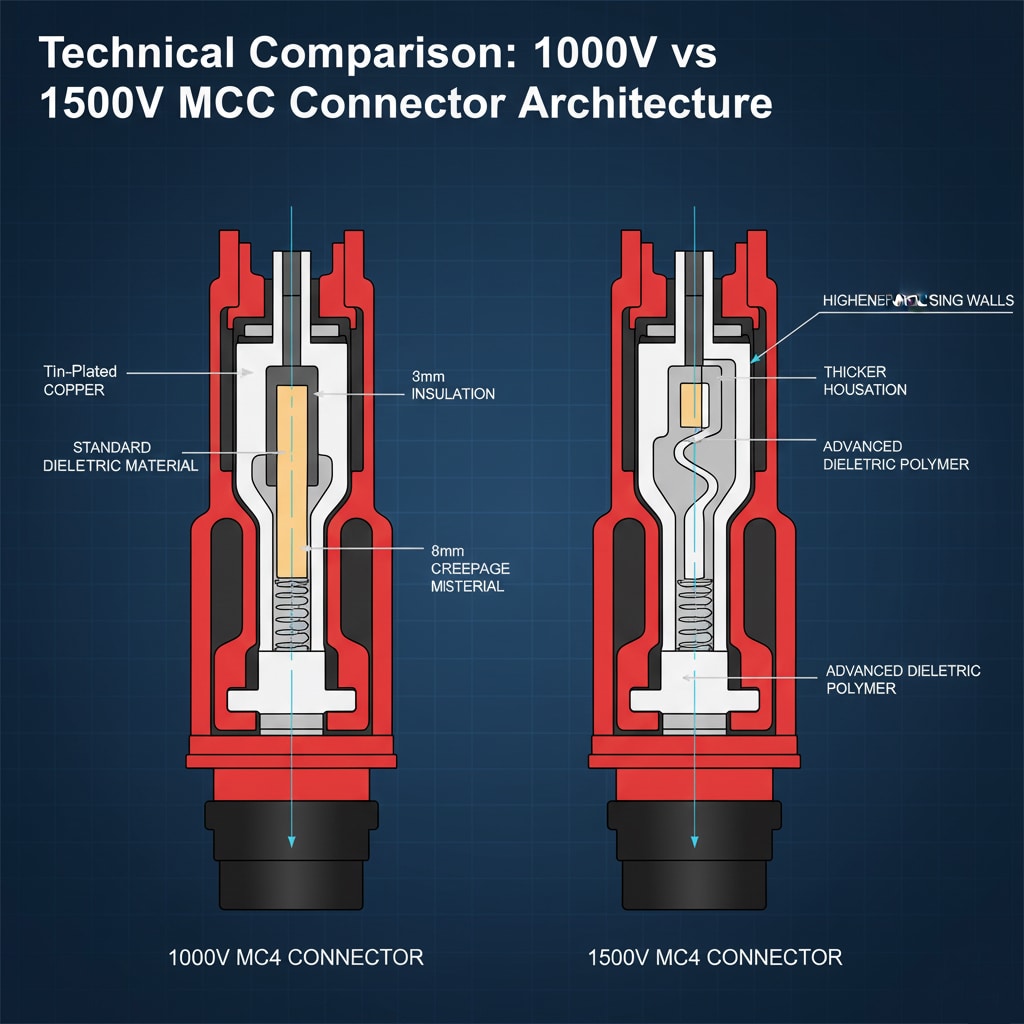 A technical diagram comparing the internal architecture of a 1000V MC4 connector and a 1500V MC4 connector, highlighting the enhanced insulation systems and reinforced housing of the 1500V version for higher voltage applications in solar energy.