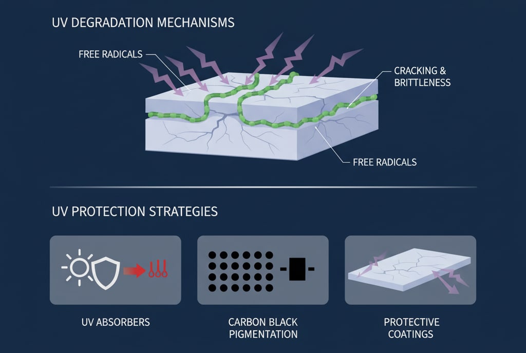 "자외선 저항 메커니즘"이라는 제목의 인포그래픽: 소재 무결성 보호"라는 제목의 인포그래픽은 두 가지 주요 섹션으로 구성되어 있습니다. 상단 섹션인 '자외선 분해 메커니즘'에서는 자외선이 폴리머 사슬을 분해하여 균열과 취성을 유발하고 자유 라디칼을 생성하는 과정을 설명합니다. 하단 섹션인 '자외선 보호 전략'에는 세 가지 방법이 설명되어 있습니다: 자외선 흡수제, 카본 블랙 착색, 보호 코팅으로, 각각 기능을 나타내는 아이콘이 표시되어 있습니다.