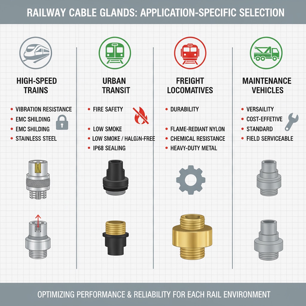 Dzelzceļa kabeļu uzmavu izvēle atkarībā no lietojuma, norādot konkrētas prasības un piemērotus uzmavu tipus ātrgaitas vilcieniem, pilsētas transportam, kravas lokomotīvēm un apkopes transportlīdzekļiem.