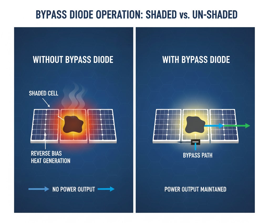 An illustrated comparison of solar panel operation: the left side shows a shaded cell without a bypass diode, leading to reverse bias, heat generation, and no power output; the right side shows the same shaded cell with an active bypass diode, redirecting current and maintaining power output.