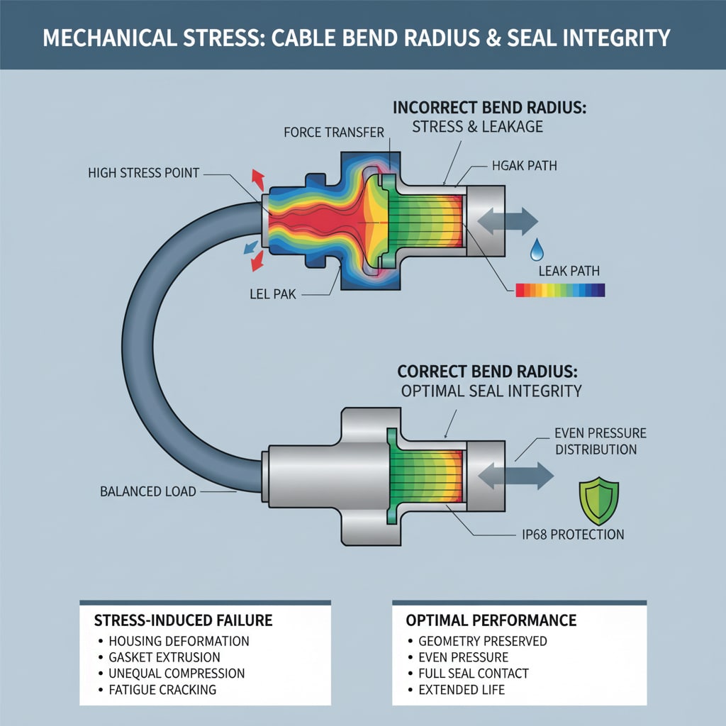 Poprečni presjek pod nazivom "MEHANIČKI NAPON: POLUMJERA SAVIJANJA KABELA I CJELOVITOST ZATVARA" ilustrira utjecaj polumjera savijanja kabela na performanse brtve. Gornja polovica prikazuje "NEDOZVOLJENU POLUMJERU SAVIJANJA: NAPON I PROCIJEDANJE" s toplinskim mapiranjem koje označava točke visokog napona i put procijedanja. Donja polovica prikazuje "ISPRAVAN POLUMJER SAVIJANJA: OPTIMALNI INTEGRITET ZATVARAČA" s ravnomjernom raspodjelom tlaka i IP68 zaštitom, označenom ikonom štita. Ispod se nalaze dva okvira s detaljima o "NEUSPJEHU USLIJED NAPREZANJA" i karakteristikama "OPTIMALNE UČINKOVITOSTI".