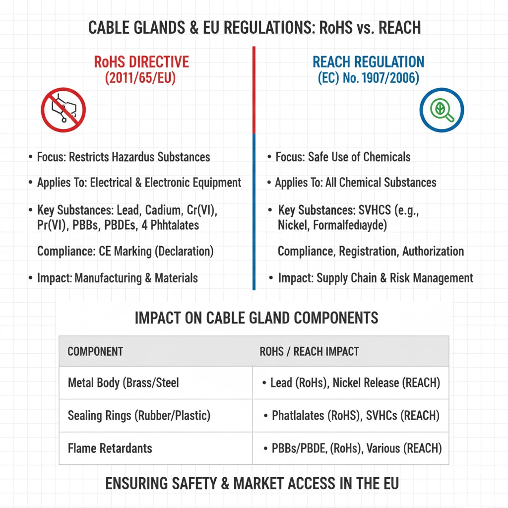 Compare les réglementations RoHS et REACH, en détaillant leur objectif, leur champ d'application, leurs substances clés et leur impact sur les composants des presse-étoupes, en soulignant comment elles garantissent la sécurité et l'accès au marché dans l'UE.
