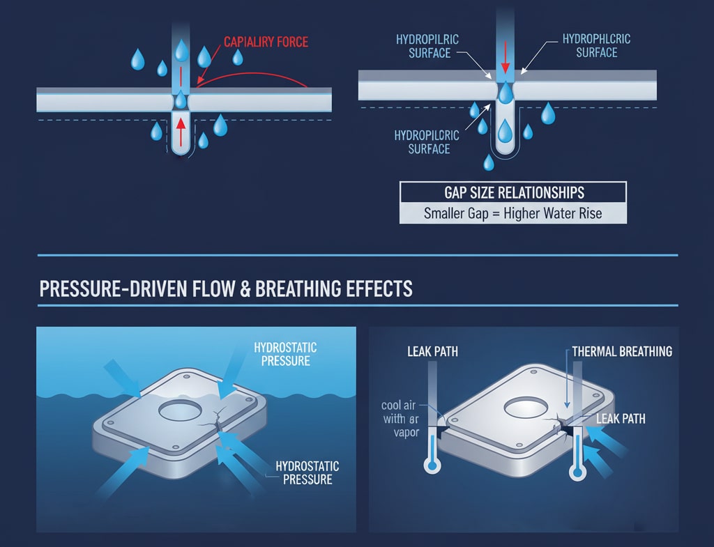 إنفوجرافيك تقني بعنوان "ميكانيكا معالجة المياه: تحليل فشل النظام المختوم." يوضّح القسم العلوي "العمل الكبسولي والتوتر السطحي"، ويوضح القسم العلوي "العمل الكبسولي والتوتر السطحي"، ويوضح سحب الماء إلى فجوة صغيرة بين سطحين مائيين وتأثير حجم الفجوة على ارتفاع الماء. يصور القسم السفلي، "التدفق المدفوع بالضغط وتأثيرات التنفس"، الضغط الهيدروستاتيكي الذي يؤثر على مانع التسرب والتنفس الحراري الذي يخلق مسار تسرب بسبب تغيرات درجة الحرارة. تم دمج المعادلات في كلا القسمين، ويتضمن الجزء السفلي "استراتيجيات الوقاية: اختيار المواد وتحسين التصميم."