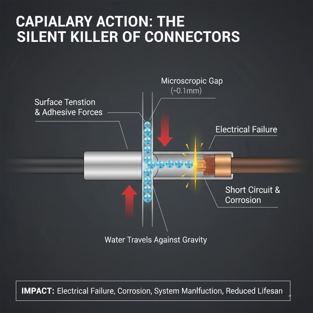 Schemat ilustrujący działanie kapilarne w złączach elektrycznych. Cząsteczki wody przemieszczają się przez "mikroskopijną szczelinę (~0,1 mm)" między kablem a obudową złącza, napędzane przez "napięcie powierzchniowe i siły adhezji". Czerwone strzałki wskazują, że woda przemieszcza się wbrew grawitacji. Wewnątrz złącza woda powoduje "awarię elektryczną" oraz "zwarcie i korozję", przedstawione za pomocą jasnożółtego błysku. Ogólny tytuł to "Działanie kapilarne: Cichy zabójca złączy", a jego skutki podsumowano jako "Awaria elektryczna, korozja, nieprawidłowe działanie systemu, skrócona żywotność".