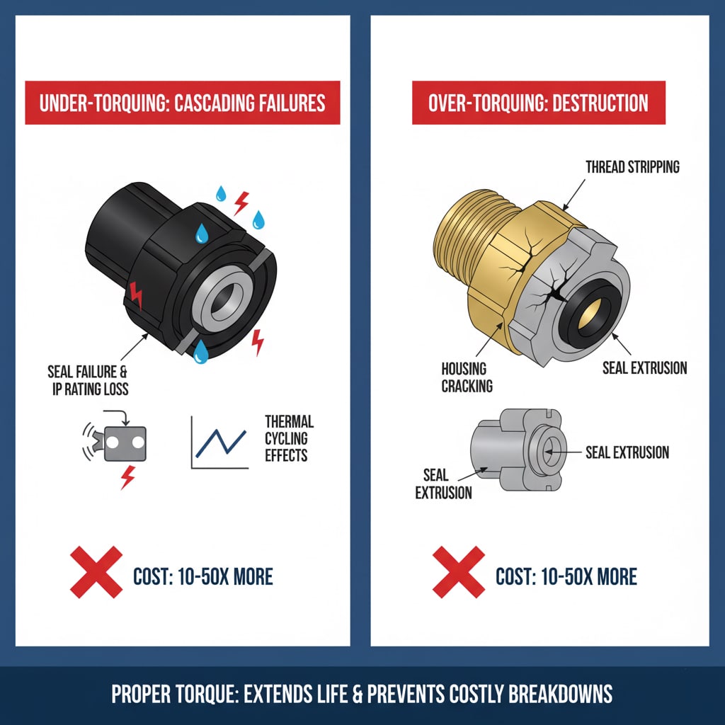 Diagrama de dos paneles que ilustra las consecuencias negativas de un apriete insuficiente o excesivo en los conectores. El panel izquierdo, "UNDER-TORQUING: CASCADING FAILURES", muestra un conector negro con gotas de agua y rayos, indicando "SEAL FAILURE & IP RATING LOSER". Debajo, unos iconos representan "EFECTOS DE CICLADO TÉRMICO". Una gran 'X' roja y "COSTE: 10-50X MÁS" resaltan el gasto. El panel de la derecha, "SOBRETORQUEO: DESTRUCCIÓN", muestra un conector de latón agrietado con etiquetas que señalan "ROTURA DEL HILO", "ROTURA DE LA CARCASA" y "EXTRUSIÓN DEL SELLO". Otro conector gris debajo también indica "EXTRUSIÓN DEL SELLO". Una "X" roja y "COSTE: 10-50X MÁS" también indican los elevados costes. Un cartel en la parte inferior dice: "UN PAR ADECUADO: AMPLÍA LA VIDA ÚTIL Y PREVIENE COSTOSAS ROTURAS". Todo el texto del diagrama es claro y está en inglés.