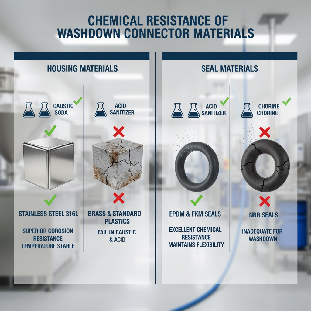 En jämförelse med delad panel som visar kemikaliebeständigheten hos material i tvättbara kontaktdon. Till vänster, en blank kub av rostfritt stål 316L med gröna bockar för kaustiksoda och syrabaserat desinfektionsmedel, som indikerar överlägsen korrosionsbeständighet, i kontrast till en sprucken mässingskub märkt med röda X för bristande beständighet mot kaustiksoda och syra. Till höger finns en oskadad EPDM- och FKM-O-ring med gröna bockar för syrabaserade desinfektionsmedel och klor som visar utmärkt kemikaliebeständighet och flexibilitet, i kontrast till en spröd, sprucken NBR-O-ring med röda kryss för att den är olämplig för tvätt.