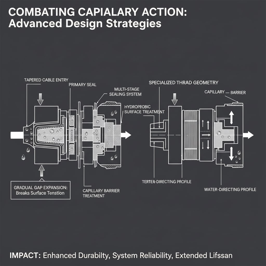 Schemat techniczny ilustrujący zaawansowane strategie projektowe mające na celu przeciwdziałanie podciąganiu kapilarnemu w złączach. Po lewej, "Stożkowe wejście kabla" pokazuje "Stopniowe rozszerzanie szczeliny: Przełamuje napięcie powierzchniowe", zapobiegając wnikaniu wody. Wewnątrz oznaczono "Uszczelnienie pierwotne", "Wielostopniowy system uszczelniający", "Hydrofobowa obróbka powierzchni" i "Obróbka bariery kapilarnej". Po prawej stronie pokazano "Specjalistyczną geometrię gwintu" z "Profilem kierującym wodę" i "Barierą kapilarną". Kropelki wody są wyraźnie zatrzymywane lub przekierowywane przez te cechy. Ogólny wpływ jest określony jako "Zwiększona trwałość, niezawodność systemu, wydłużona żywotność".