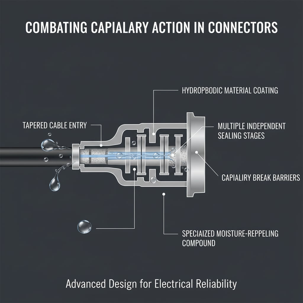 Schemat przekroju wodoodpornego złącza z wyszczególnionymi cechami mającymi na celu przeciwdziałanie podciąganiu kapilarnemu. Kropelki wody są widoczne w pobliżu wejścia kabla, które jest oznaczone jako "Tapered Cable Entry". Wewnątrz złącza wyróżniono "hydrofobową powłokę materiałową", "wiele niezależnych etapów uszczelniania" i "barierę kapilarną". Wskazany jest również "Specjalistyczny związek odpychający wilgoć". Ogólny nagłówek brzmi "Zwalczanie działania kapilarnego w złączach", a dolny tekst brzmi "Zaawansowana konstrukcja zapewniająca niezawodność elektryczną".