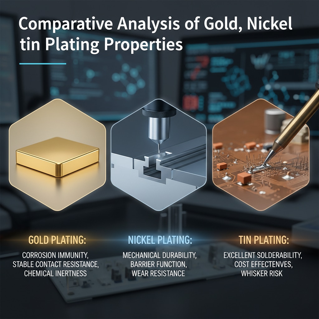 Vizuální srovnání vlastností pokovování zlatem, niklem a cínem s ilustrativními ikonami, které zdůrazňují odolnost zlata proti korozi, mechanickou odolnost niklu a vynikající pájitelnost cínu. Obrázek znázorňuje výrazné výhody každého materiálu v elektronických aplikacích.