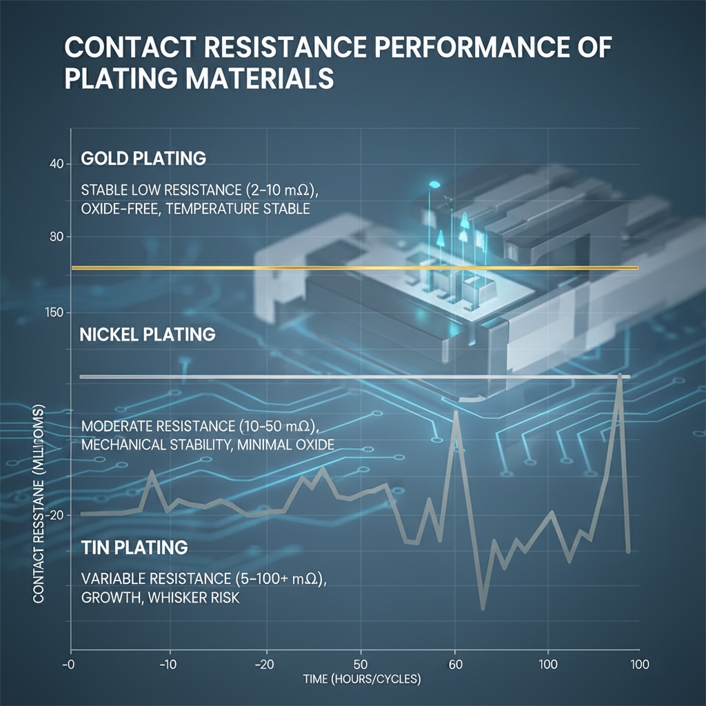 Graf znázorňující výkonnost kontaktního odporu materiálů pokovených zlatem, niklem a cínem v průběhu času, překrytý rozmazaným pozadím elektronického obvodu a konektorem, zdůrazňující stabilní nízký odpor zlata, mírnou stabilitu niklu a variabilní odpor cínu s rizikem vzniku vousů.