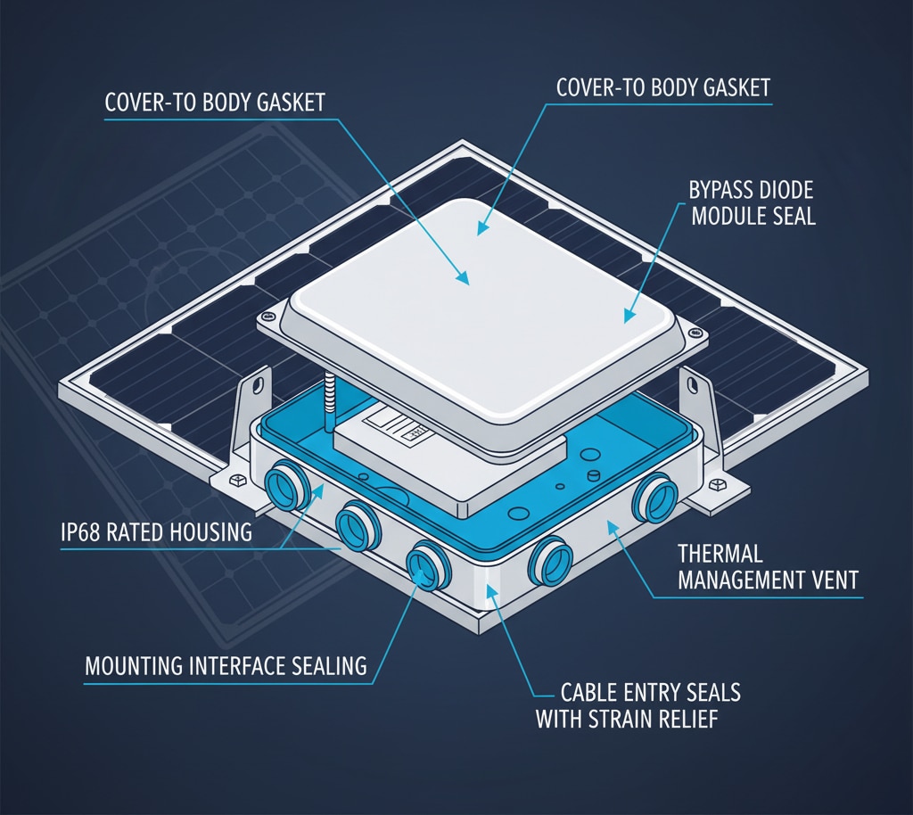 A detailed exploded view diagram of a solar panel junction box, highlighting all critical sealing points including the cover-to-body gasket, cable entry seals with strain relief, and mounting interface sealing, showing how they protect internal components from environmental factors.