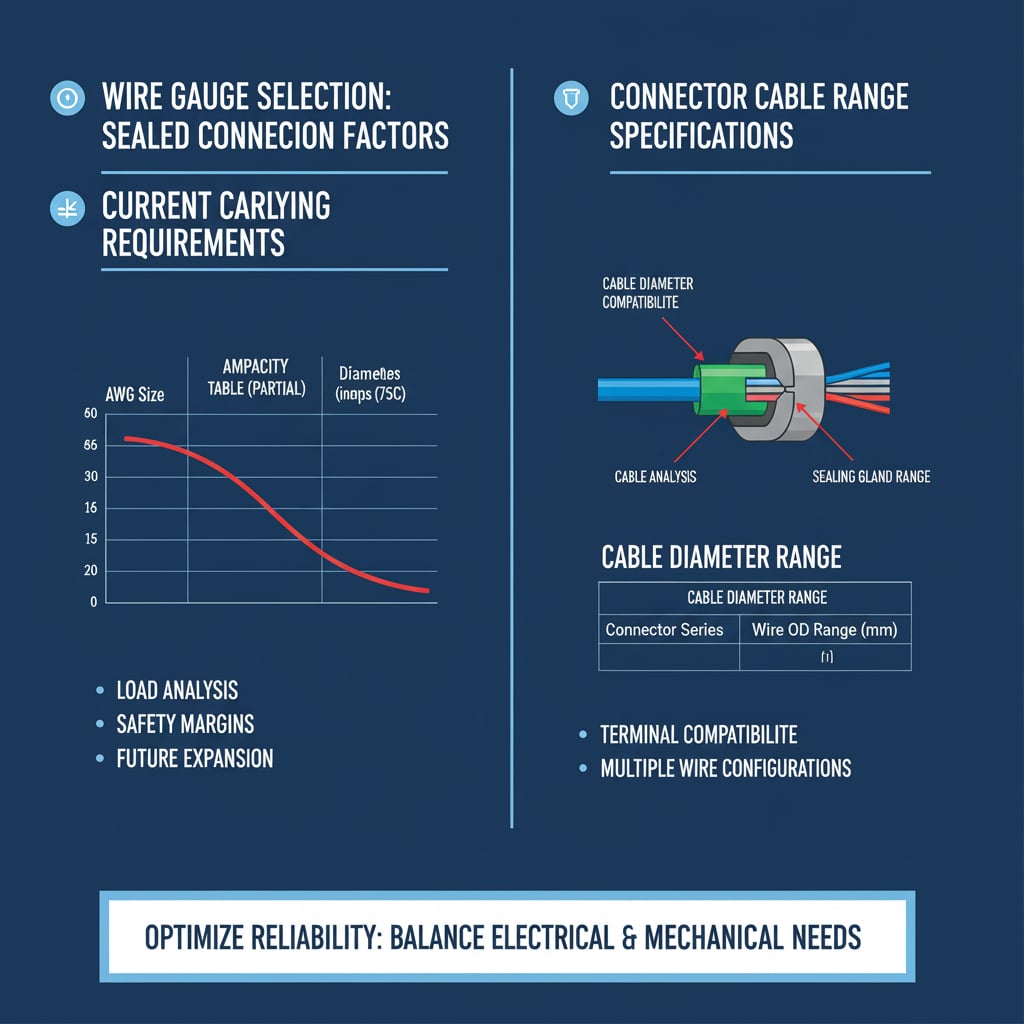 Dvoudílná infografika s názvem "VÝBĚR PRŮMĚRU VODIČE: FAKTORY UZAVŘENÉHO SPOJE". Levý panel "POŽADAVKY NA PROUDOVOU ZÁTĚŽ" obsahuje čárový graf znázorňující proudovou zatížitelnost v závislosti na velikosti AWG, spolu s odrážkami týkajícími se analýzy zátěže, bezpečnostních rezerv a budoucího rozšíření. Pravý panel "SPECIFIKACE ROZSAHU KONEKTOROVÝCH KABELŮ" obsahuje diagram znázorňující kompatibilitu průměrů kabelů, tabulku rozsahu průměrů kabelů a body týkající se kompatibility terminálů a konfigurací více vodičů. Spodní banner nese nápis "OPTIMALIZACE SPOLEHLIVOSTI: ROVNOVÁHA MEZI ELEKTRICKÝMI A MECHANICKÝMI POŽADAVKY"."
