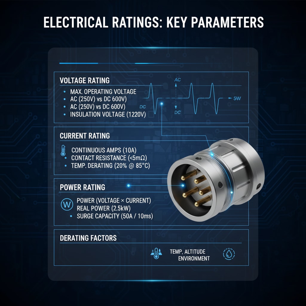 Technická infografika s názvem "ELEKTRICKÉ PARAMETRY: KLÍČOVÉ PARAMETRY" zobrazující vodotěsný kruhový konektor uprostřed. Kolem něj jsou čtyři sekce s podrobnými informacemi o klíčových elektrických parametrech: "JMENOVITÉ NAPĚTÍ" s příklady střídavého/stejnosměrného proudu a izolačního napětí, "JMENOVITÝ PROUD" s uvedením trvalého proudu a kontaktního odporu, "JMENOVITÝ VÝKON" s vysvětlením skutečného výkonu a špičkové kapacity a "FAKTORY SNÍŽENÍ JMENOVITÉHO VÝKONU" s uvedením faktorů, které je třeba zohlednit v souvislosti s teplotou, nadmořskou výškou a prostředím. Graf vlnové křivky ilustruje charakteristiky střídavého a stejnosměrného napětí.