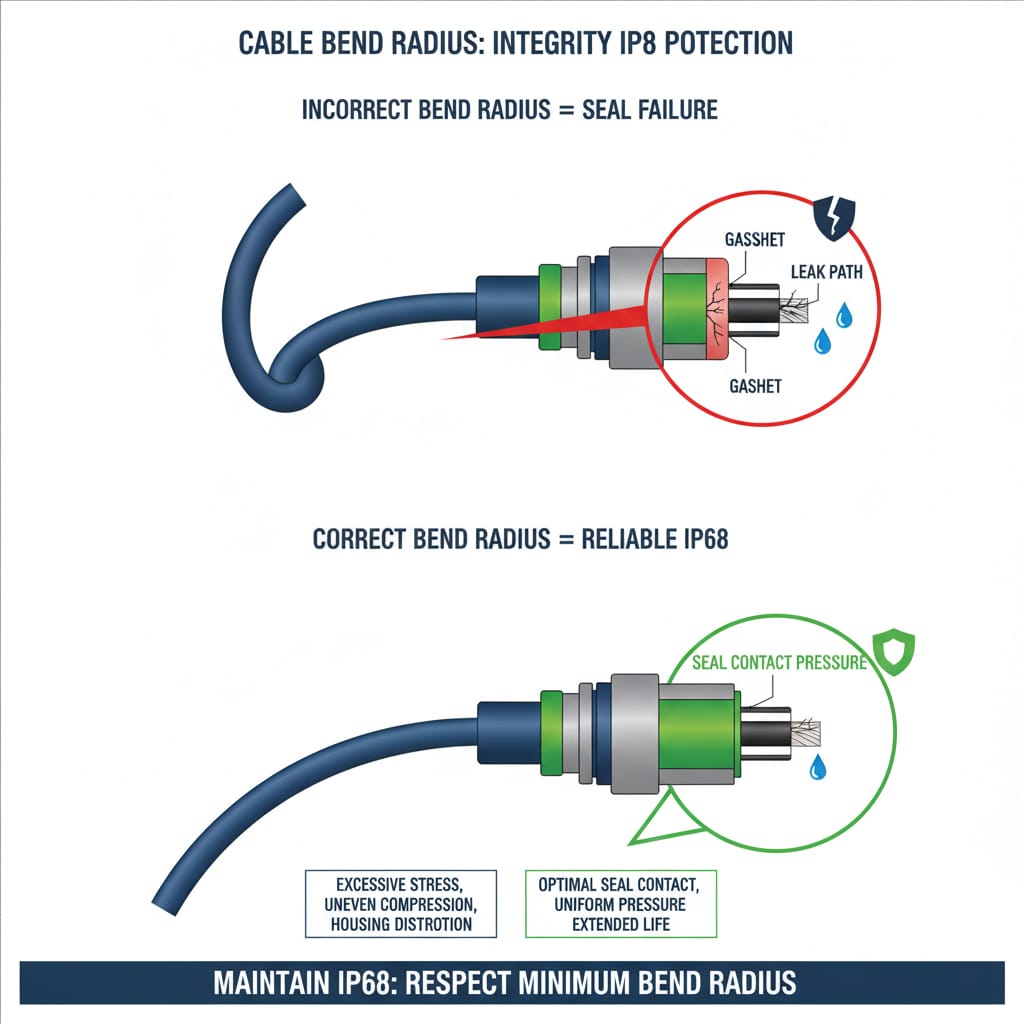 Detaljni dijagram pod nazivom "POLUMJER SAVIJANJA KABELA: INTEGRITET IP8 ZAŠTITE" ilustrira utjecaj nepravilnog i pravilnog polumjera savijanja kabela na vodonepropusne brtve konektora. Gornja polovica prikazuje nepravilno savijen kabel koji dovodi do "NEUSPJEHA BRTVE", pri čemu uvećani poprečni presjek otkriva "PUT PROTOKA" i oštećenu brtvu. Donja polovica prikazuje pravilno savijen kabel koji rezultira "POUZDANOM IP68" zaštitom, pri čemu uvećani prikaz ističe "PRITISAK KONTAKTA BRTVE" i optimalne performanse.