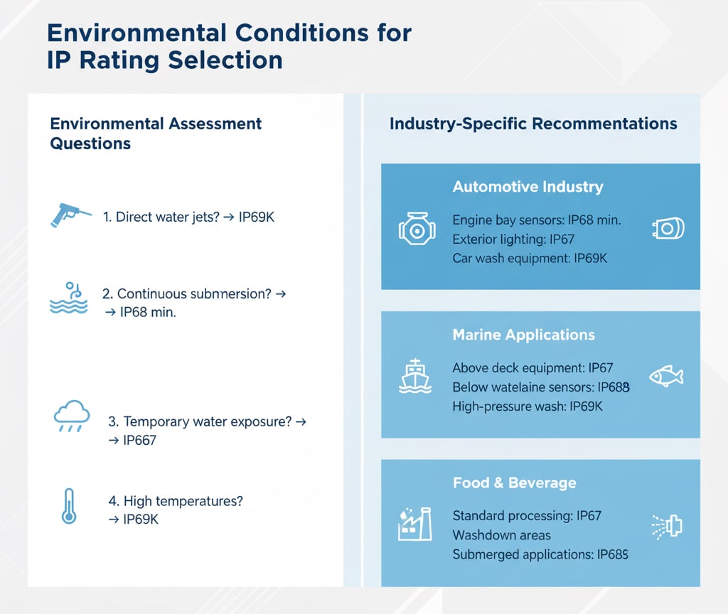 Az IP-besorolás kiválasztásához szükséges környezeti feltételeket részletező infografika. Balra a környezeti értékelési kérdések listája a megfelelő IP-besorolásokkal (közvetlen vízsugárzás -> IP69K, folyamatos víz alá merítés -> IP68 min, ideiglenes vízhatás -> IP67, magas hőmérséklet -> IP69K). Jobb oldalon iparágspecifikus ajánlások az autóipar, a hajózás, valamint az élelmiszer- és italgyártás számára a megfelelő IP-besorolással.