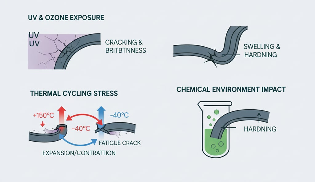 رسم بياني واضح بعنوان "العوامل البيئية: تدهور الفقمة والتخفيف من آثارها." يحلل بصرياً أربعة تأثيرات بيئية على الأختام: "التعرّض للأشعة فوق البنفسجية والأوزون" الذي يُظهر التشقق والتورم، و"الإجهاد الحراري" الذي يوضح التمدد/الانكماش والتشققات الناتجة عن تغيرات درجة الحرارة (من +150 درجة مئوية إلى -40 درجة مئوية)، و"تأثير البيئة الكيميائية" الذي يصور تصلب مانع التسرب في محلول كيميائي. يسرد قسم أخير "استراتيجيات التخفيف" بما في ذلك المواد المثبتة بالأشعة فوق البنفسجية، وفحوصات توافق المواد، وبدلات التمدد الحراري.