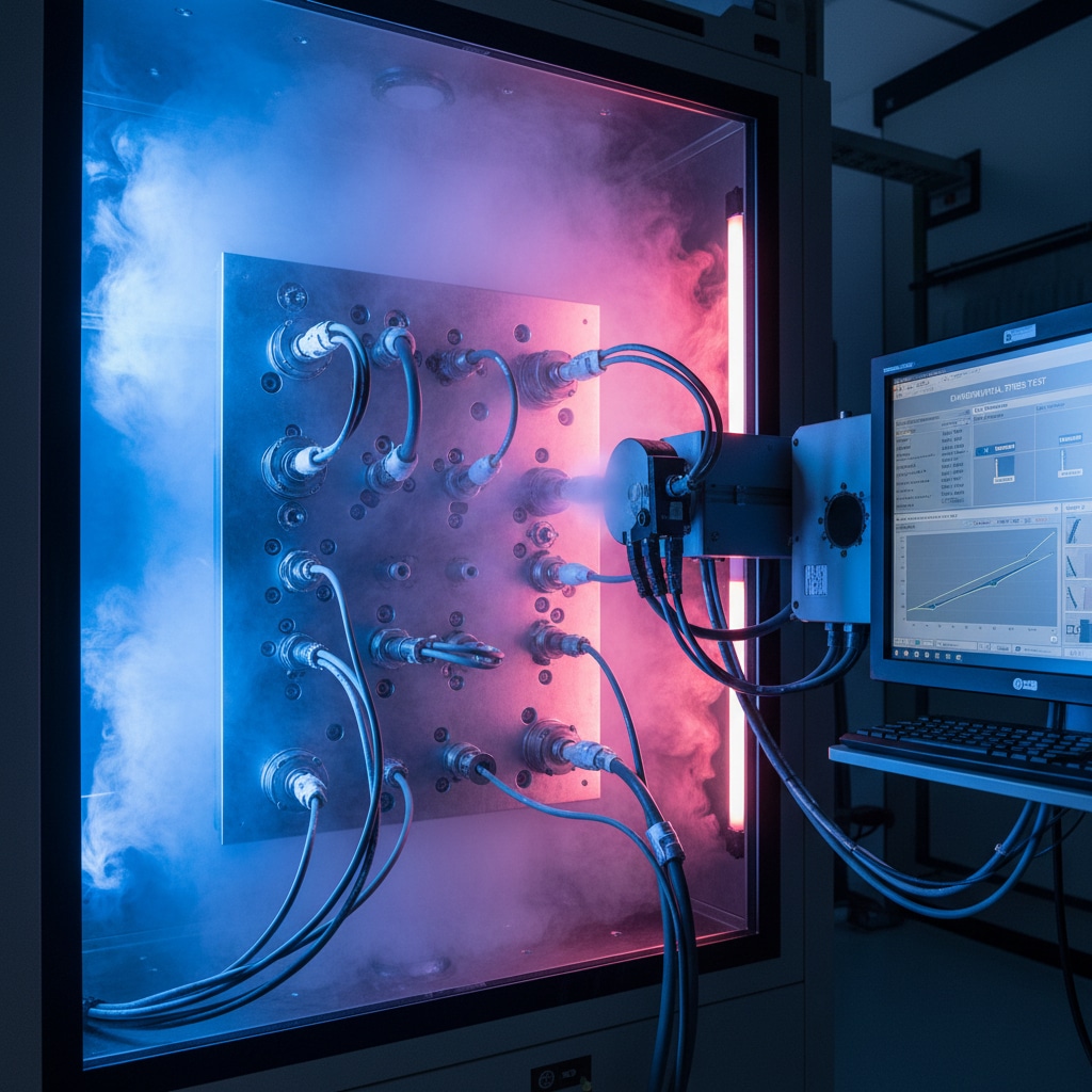 A specialized cable gland being tested in a chamber, showcasing the impact of temperature extremes, chemical exposure, and moisture on sealing integrity and EMC performance. The setup includes various cables connected to the gland, with visible steam or fog indicating environmental stress, and a monitor displaying performance data.