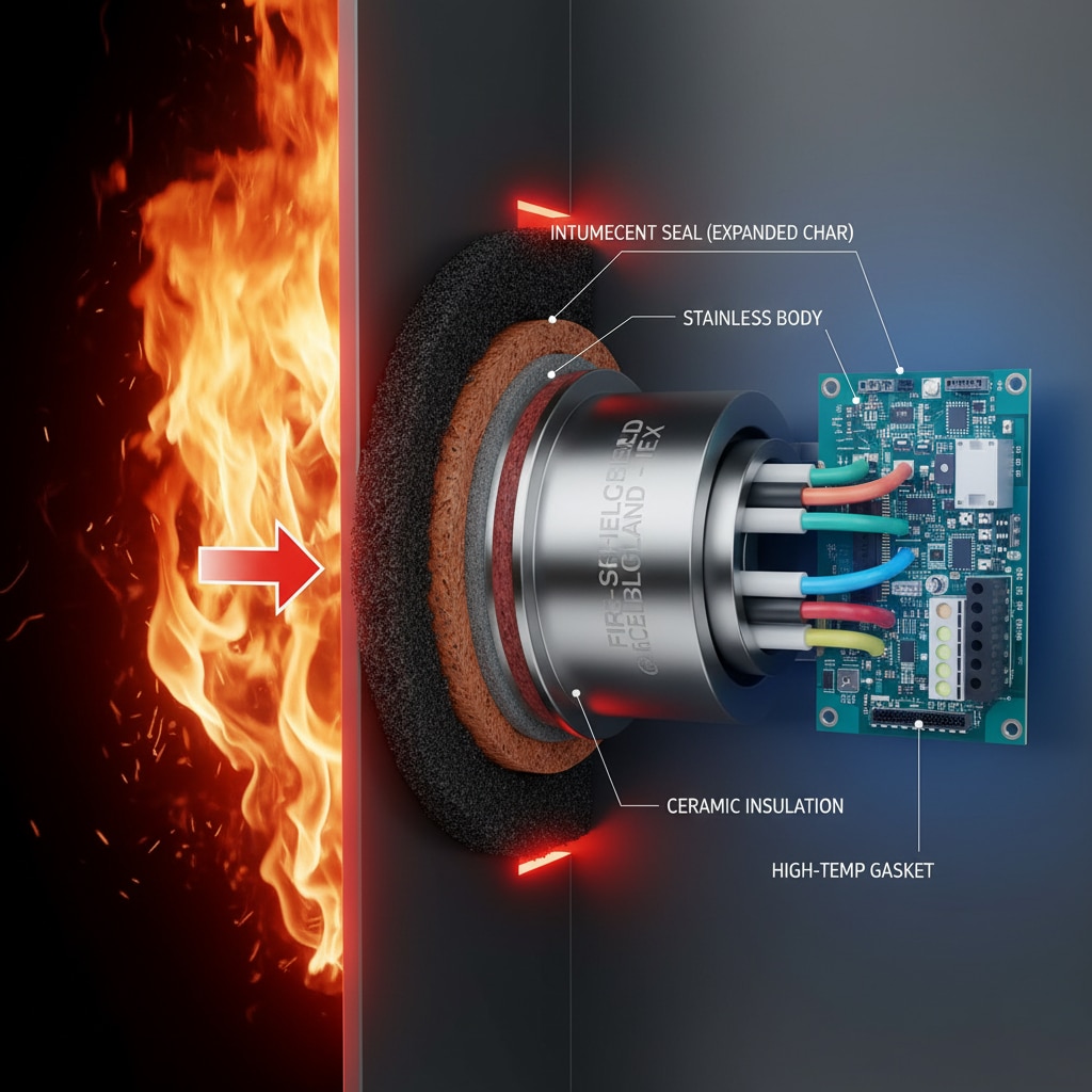 Un diagrama de corte que muestra un prensaestopas resistente al fuego instalado en una pared, con un incendio adyacente que indica altas temperaturas. El prensaestopas cuenta con una junta intumescente expansible, un cuerpo de acero inoxidable, aislamiento cerámico y una junta de alta temperatura, que actúan conjuntamente para proteger el cableado interno conectado a una placa de circuitos.