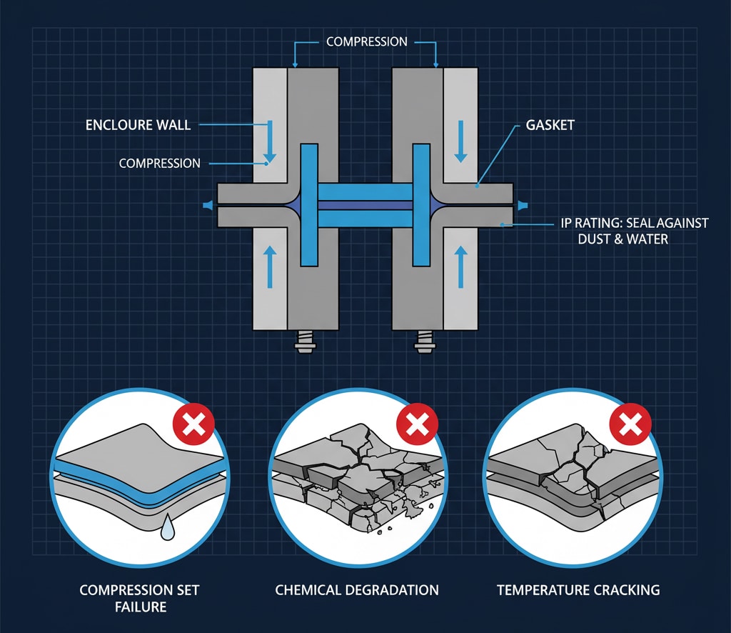 Diagrama, iliustruojanti tarpiklių sandarinimo mechanizmus ir dažniausiai pasitaikančius gedimų būdus jungiamosiose dėžutėse. Viršutiniame paveikslėlyje pavaizduotas tarpiklio, suspausto tarp dviejų korpuso sienelių ir užtikrinančio IP klasės sandarumą, skerspjūvis. Žemiau pateiktos trys apskritos diagramos, kuriose pavaizduoti skirtingi gedimo būdai: "Suspaudimo nustatymo gedimas", kai patenka drėgmė, "Cheminis irimas", kai matomi įtrūkimai, ir "Temperatūrinis įtrūkimas", kai taip pat matomas medžiagos skilimas; visos jos pažymėtos "X", reiškiančiu gedimą. Legendoje nurodytos normalaus sandarinimo, šalčio ir karščio ciklų ir sugedusios tarpinės sąlygos.