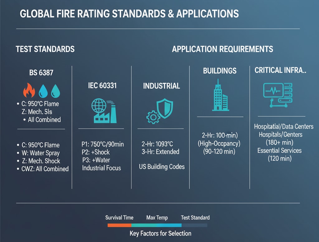 Un cuadro comparativo titulado "Global Fire Rating Standards & Applications". En él se detallan varias normas de ensayo, como BS 6387 e IEC 60331, junto con los requisitos de aplicación para los sectores de la industria, la construcción y las infraestructuras críticas. Debajo del gráfico se destacan los "Factores clave para la selección", como el tiempo de supervivencia, la temperatura máxima y la norma de ensayo.