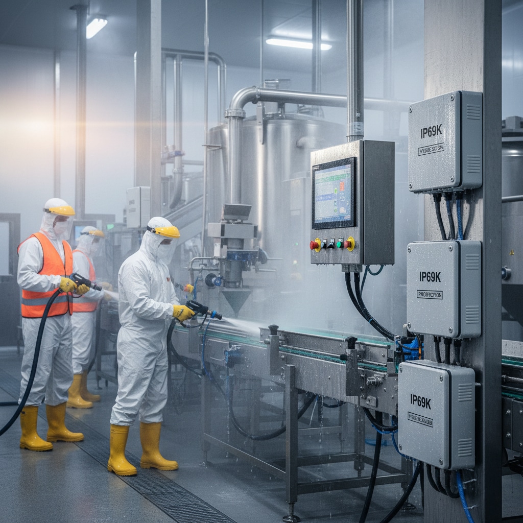 عمال يرتدون معدات واقية يقومون بعملية غسيل عالية الضغط ودرجة الحرارة العالية في منشأة لمعالجة الأغذية. تم تركيب العديد من صناديق التوصيل الرمادية المكتوب عليها بوضوح "IP69K" و"حل HYGIENE SOLUTION" و"PRECISION" و"DURABLE" على جدار بجوار حزام ناقل، مما يدل على ضرورة الحماية القوية في بيئات التنظيف الصناعية الصعبة.