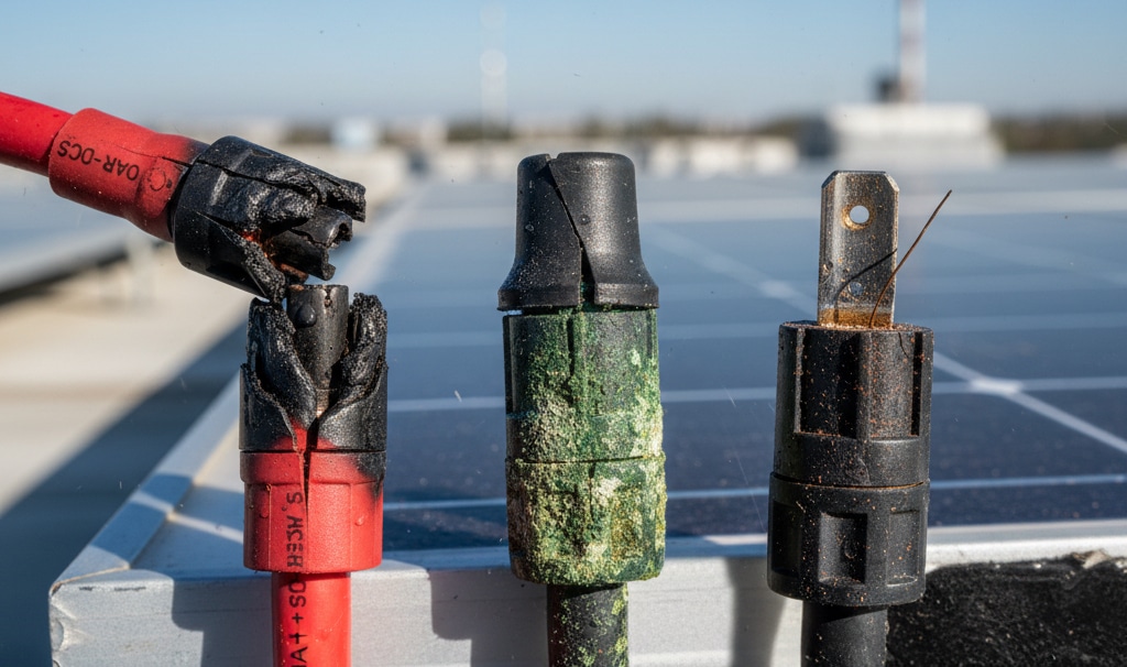 Un conector MC4 que muestra signos de fallo de alta resistencia, con fusión y carbonización visibles de la carcasa de plástico, junto a otro conector con una importante corrosión verde por la entrada de agua, lo que pone de relieve los mecanismos de fallo críticos en las instalaciones solares.
