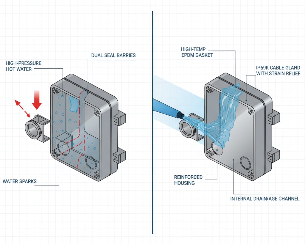 رسم توضيحي يقارن بين التصميم الداخلي لصندوق التوصيل IP69K على اليسار، يسلط الضوء على حواجز العزل المزدوجة، والمبيت المقوى، وقنوات الصرف الداخلية، مع تصوير لنفث الماء الساخن عالي الضغط الذي يتم صده من الخارج على اليمين، مما يوضح الحماية القوية.