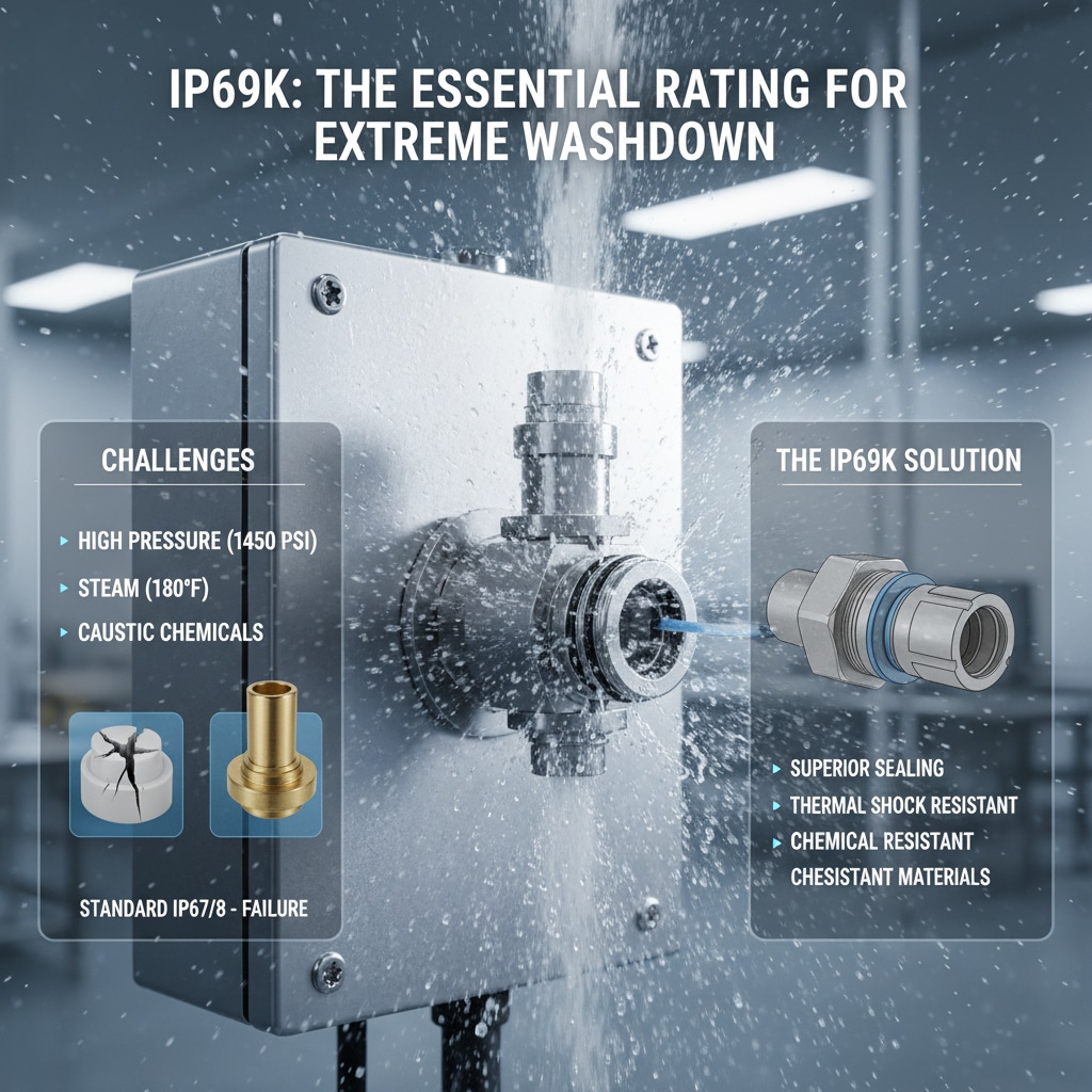 Ett elskåp i rostfritt stål som utsätts för högtrycksvattenstråle, med infällda bilder som visar en sprucken standardkontakt och en korroderad kabelgenomföring i mässing som illustrerar typiska fel, jämfört med en robust kontakt med IP69K-klassning som lösning. Texten lyfter fram "Utmaningar" såsom högt tryck, ånga och frätande kemikalier, samt "IP69K-lösningen" med överlägsen tätning, termisk chock och kemikaliebeständighet.