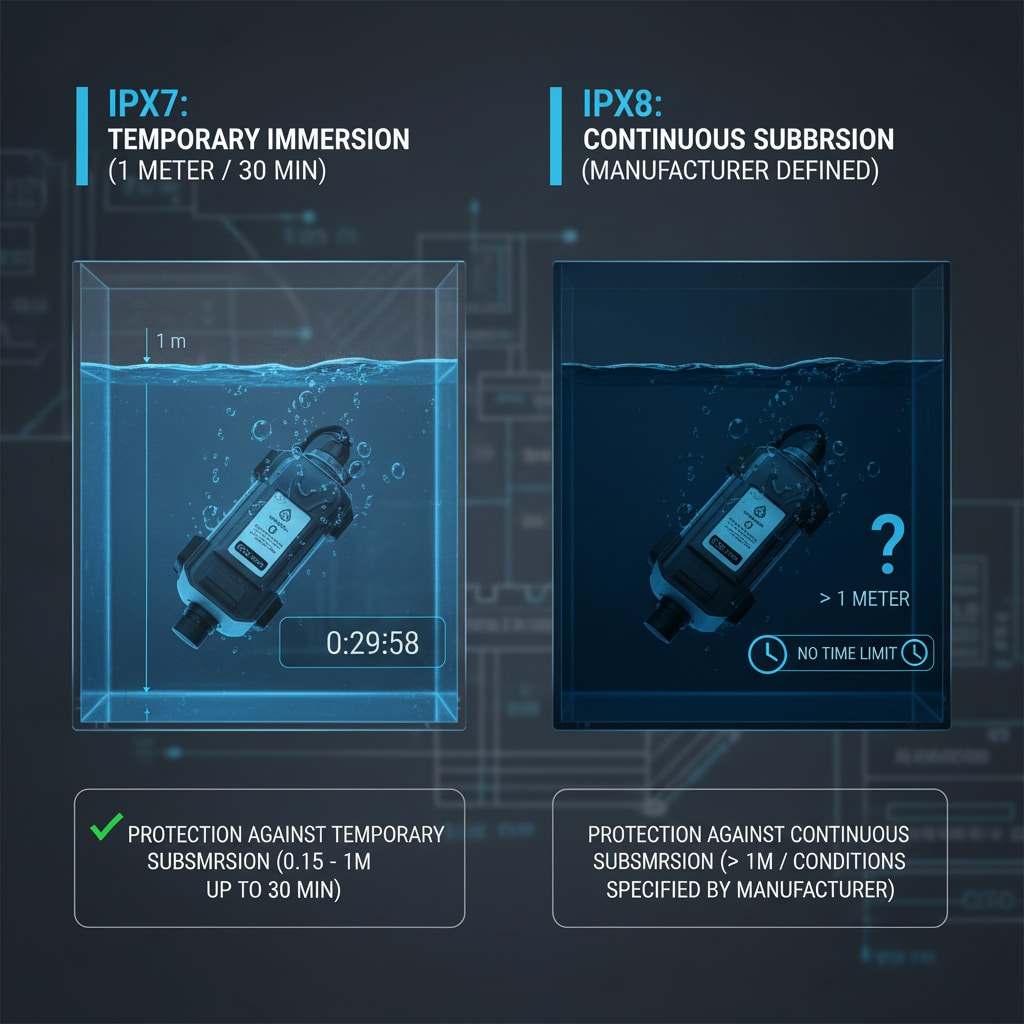 Ett tekniskt diagram som jämför IPX7- och IPX8-klassningar. Till vänster är en elektronisk enhet nedsänkt i en vattentank på 1 meters djup med en timer som visar "0:29:58", vilket representerar IPX7:s tillfälliga nedsänkningsskydd (1 meter / 30 min). Till höger finns en liknande enhet i en djupare tank med "> 1 M" och "NO TIME LIMIT", vilket indikerar IPX8:s kontinuerliga nedsänkning (definierad av tillverkaren) utan standardiserade djup- eller tidsgränser.