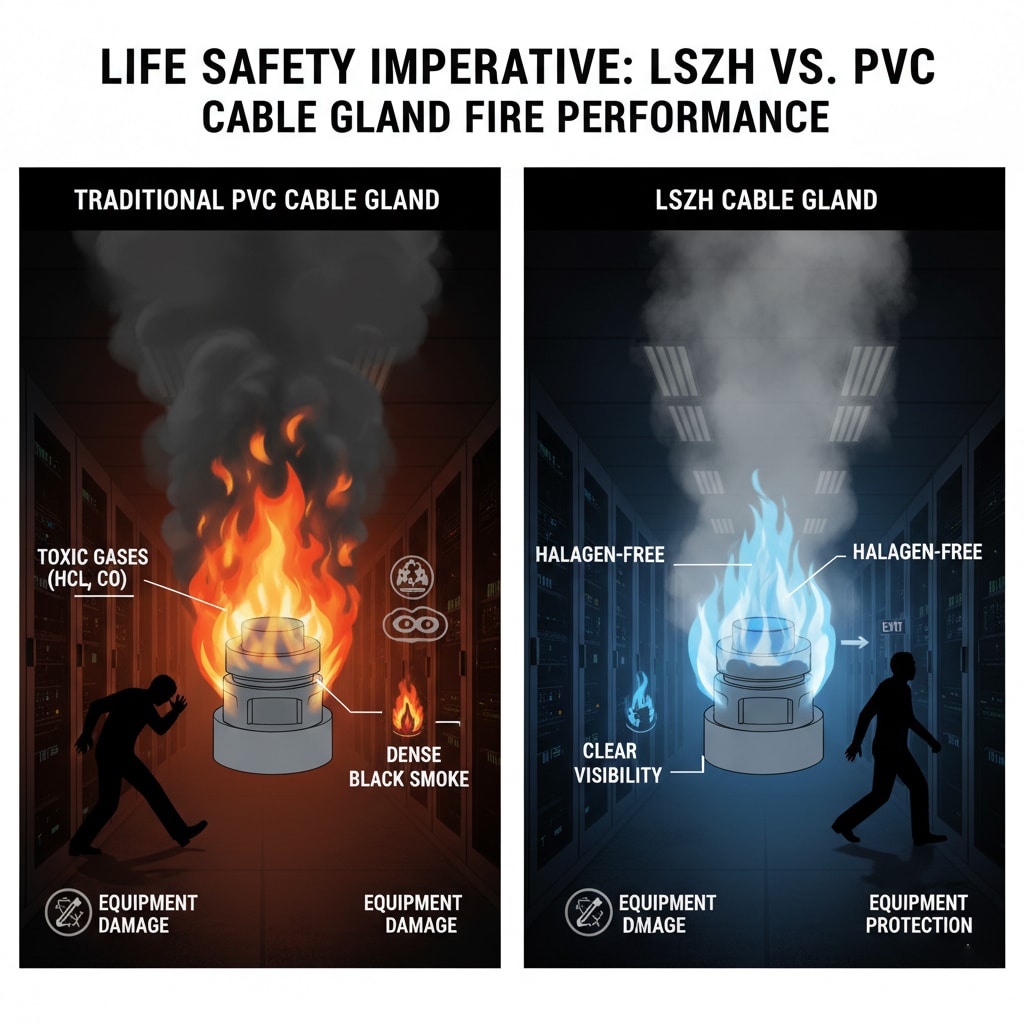 傳統 PVC 電纜接頭與 LSZH 電纜接頭在火災中的示意比較。左側顯示 PVC 接頭燃燒時產生濃濃黑煙、有毒氣體 (HCl、CO)，以及在低能見度下掙扎的人影，顯示設備受損。右側顯示 LSZH 接頭冒出極少、清晰的煙霧，並伴有藍色火焰，保持清晰的能見度，以利於疏散和設備保護，突顯了其無鹵素特性。