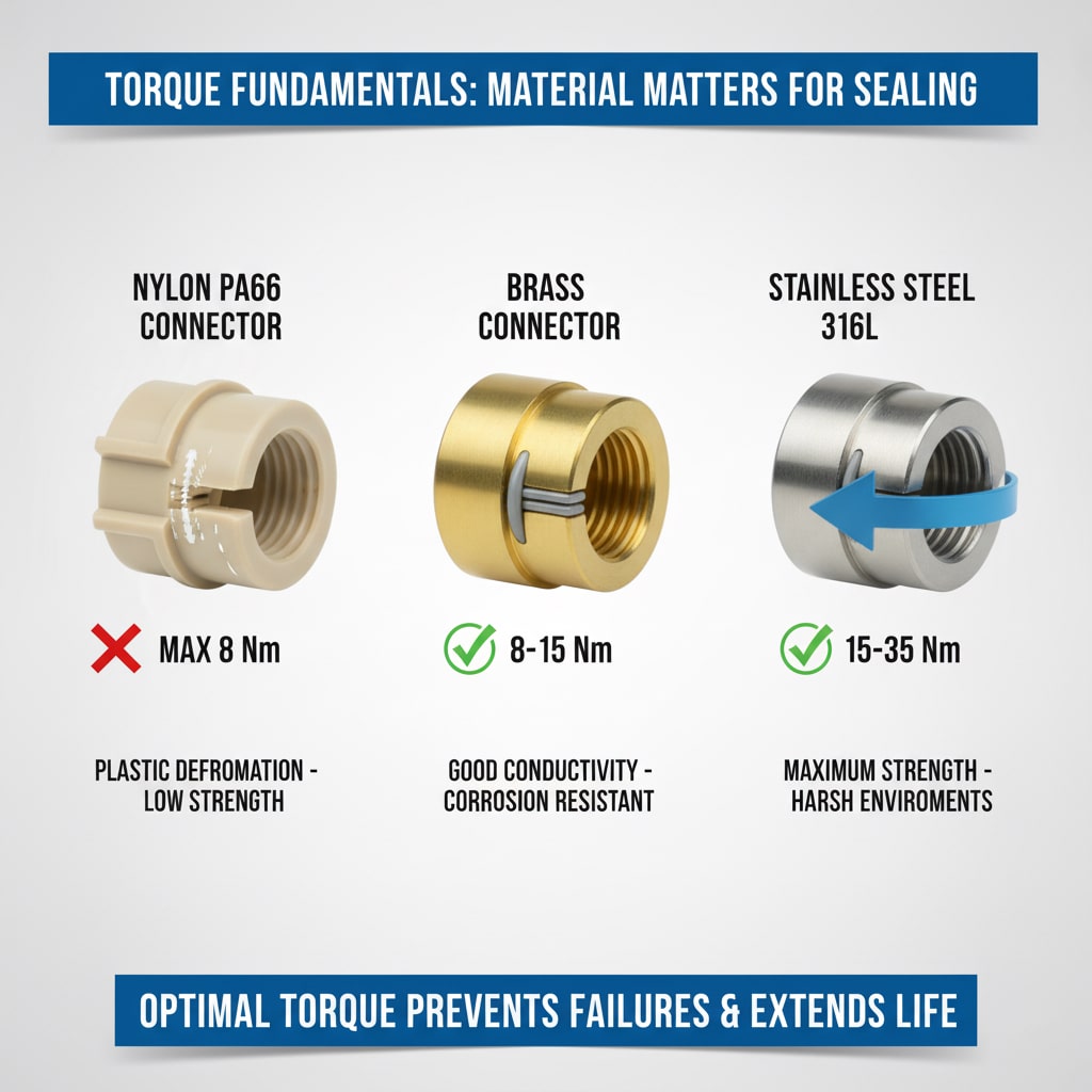 Diagrama que compara los requisitos de par de apriete de los distintos materiales de los conectores. Se muestran tres conectores distintos: un "CONECTOR DE NYLON PA66" marrón claro con una 'X' roja y "MAX 8 Nm" debajo, lo que indica su baja resistencia y deformación plástica. A continuación, un "CONECTOR DE LATÓN" dorado con una marca de verificación verde y "8-15 Nm", que destaca su buena conductividad y resistencia a la corrosión. Por último, un "CONECTOR DE ACERO INOXIDABLE 316L" plateado también tiene una marca de verificación verde y "15-35 Nm", lo que subraya su máxima resistencia en entornos difíciles. Una flecha en el conector de acero inoxidable representa la fuerza de torsión rotacional. Un cartel final en la parte inferior dice: "EL PAR ÓPTIMO PREVIENE FALLAS Y AMPLÍA LA VIDA ÚTIL". Todo el texto visible en la imagen está en inglés claro.