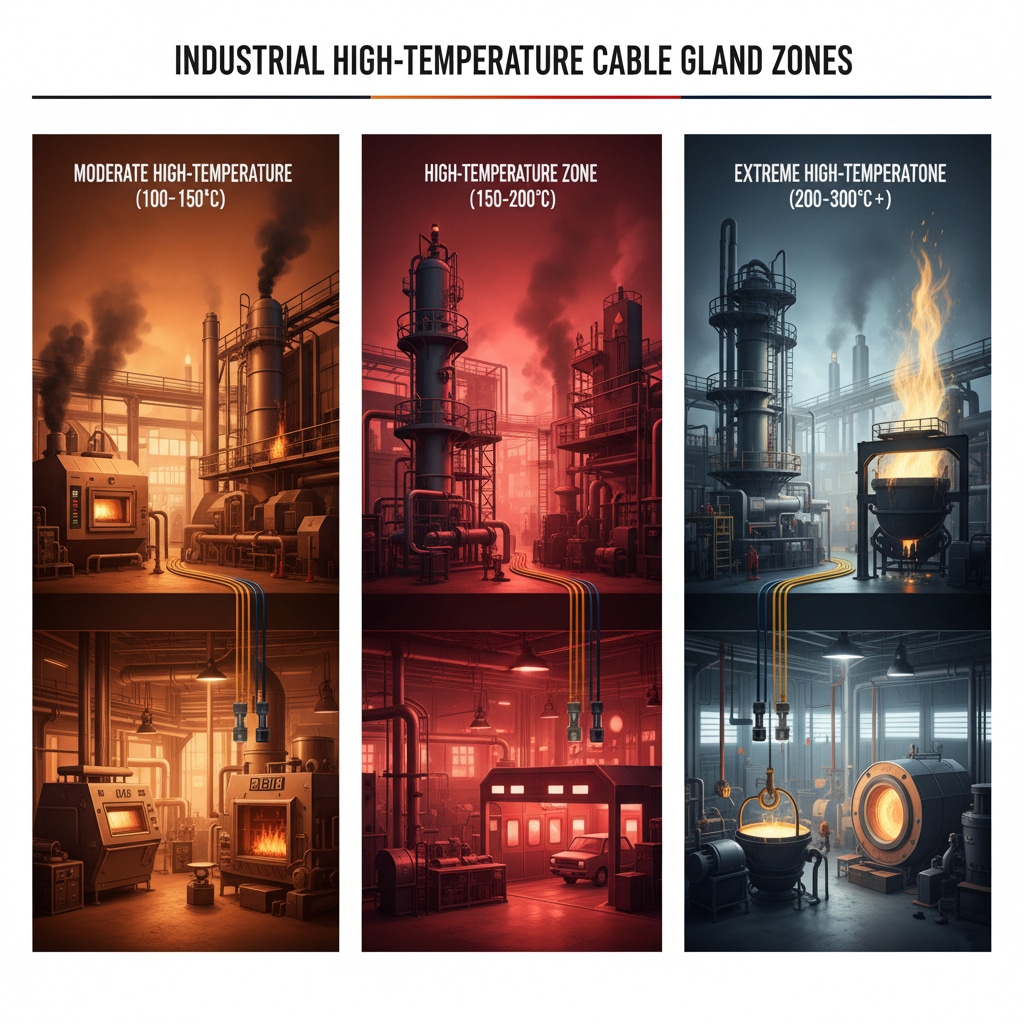 Visuaalne kujutis "TÖÖSTUSLIKUD KÕRGUSKAABELID", mis on jagatud kolmeks paneeliks: "MÕÕDUKAS KÕRGEMPERATUURNE (100-150°C)", "KÕRGEMPERATUURNE VÖÖÖNDE (150-200°C)" ja "EKSTREMEERNE KÕRGEMPERATUURNE (200-300°C+)". Iga paneel kujutab tööstuslikke keskkondi, alates ahjudest ja mootoriruumidest kuni ahjude ja terasetehasteni, koos seadmetega ühendatud kaablipaigaldistega. Esimesele paneelile on lisatud legend, mis näitab temperatuurivahemikke 13-2400°C ja 100-150°C.