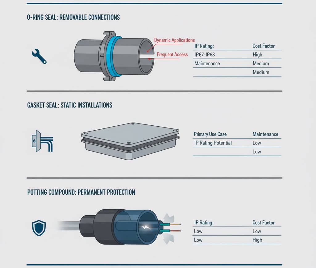En sammenlignende infografikk med tittelen "TETNINGSMETODER FOR VANNTETTE KOBLINGER" illustrerer tre primære tetningsteknikker. Den øverste delen viser en O-ringstetning for flyttbare tilkoblinger. Den midterste delen viser en pakningstetning for statiske installasjoner. Den nederste delen viser en innstøpningsmasse for permanent beskyttelse. Hver metode er ledsaget av et diagram, en kort beskrivelse av den primære bruken og en tabell som sammenligner IP-klassifiseringspotensial, vedlikeholdsnivå og kostnadsfaktor.