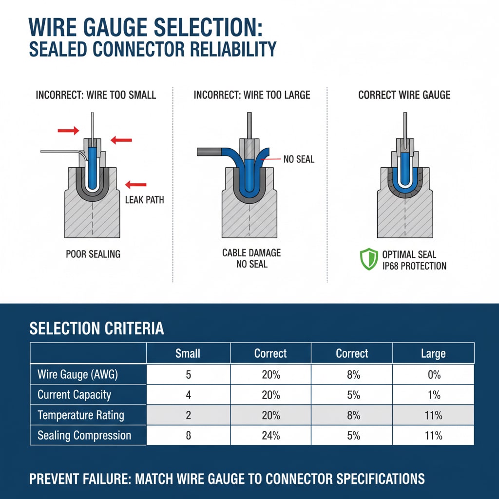 Infografika s názvem "VÝBĚR PRŮMĚRU VODIČE: SPOLEHLIVOST UZAVŘENÉHO KONEKTORU" vizuálně porovnává nesprávný a správný výběr průměru vodiče. V horní části jsou uvedeny tři diagramy: "NESPRÁVNÝ: PŘÍLIŠ TENKÝ VODIČ" znázorňující špatné utěsnění a únikovou cestu; "NESPRÁVNÝ: PŘÍLIŠ SILNÝ VODIČ" znázorňující poškození kabelu a nedostatečné utěsnění; a "SPRÁVNÝ PRŮMĚR VODIČE" znázorňující optimální utěsnění a ochranu IP68. Níže je tabulka s "KRITÉRIEMI VÝBĚRU", včetně průměru vodiče (AWG), proudové zatížitelnosti, teplotní odolnosti a těsnicí komprese, s hodnotami pro malé, správné a velké průměry vodičů. Text v dolní části zdůrazňuje "PŘEDCHÁZENÍ PORUCHÁM: VYBERTE PRŮMĚR VODIČE PODLE SPECIFIKACÍ KONEKTORU"."