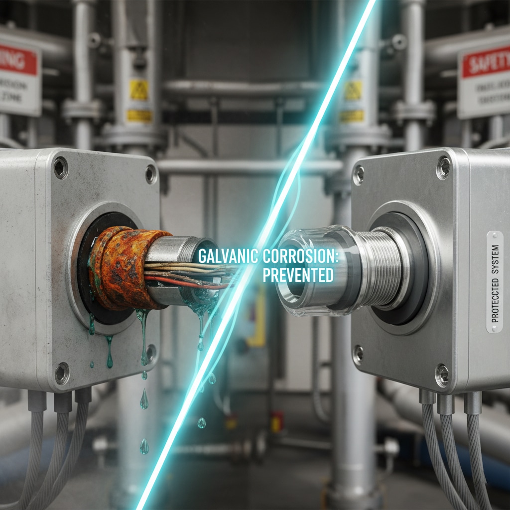 Vizuāls salīdzinājums, kurā redzams nerūsējošā tērauda nerūsējošā tērauda kabeļa vads kreisajā pusē, kas savienots ar alumīnija sadales kārbu, ar redzamu rūsu un noplūdi. Labajā pusē - neskarts, pareizi izolēts kabeļu vads, kas savienots ar alumīnija sadales kārbu, demonstrējot efektīvu galvaniskās korozijas novēršanu rūpnieciskā vidē. Abus stāvokļus atdala zilā līnija, kas norāda pāreju no problēmas uz risinājumu.