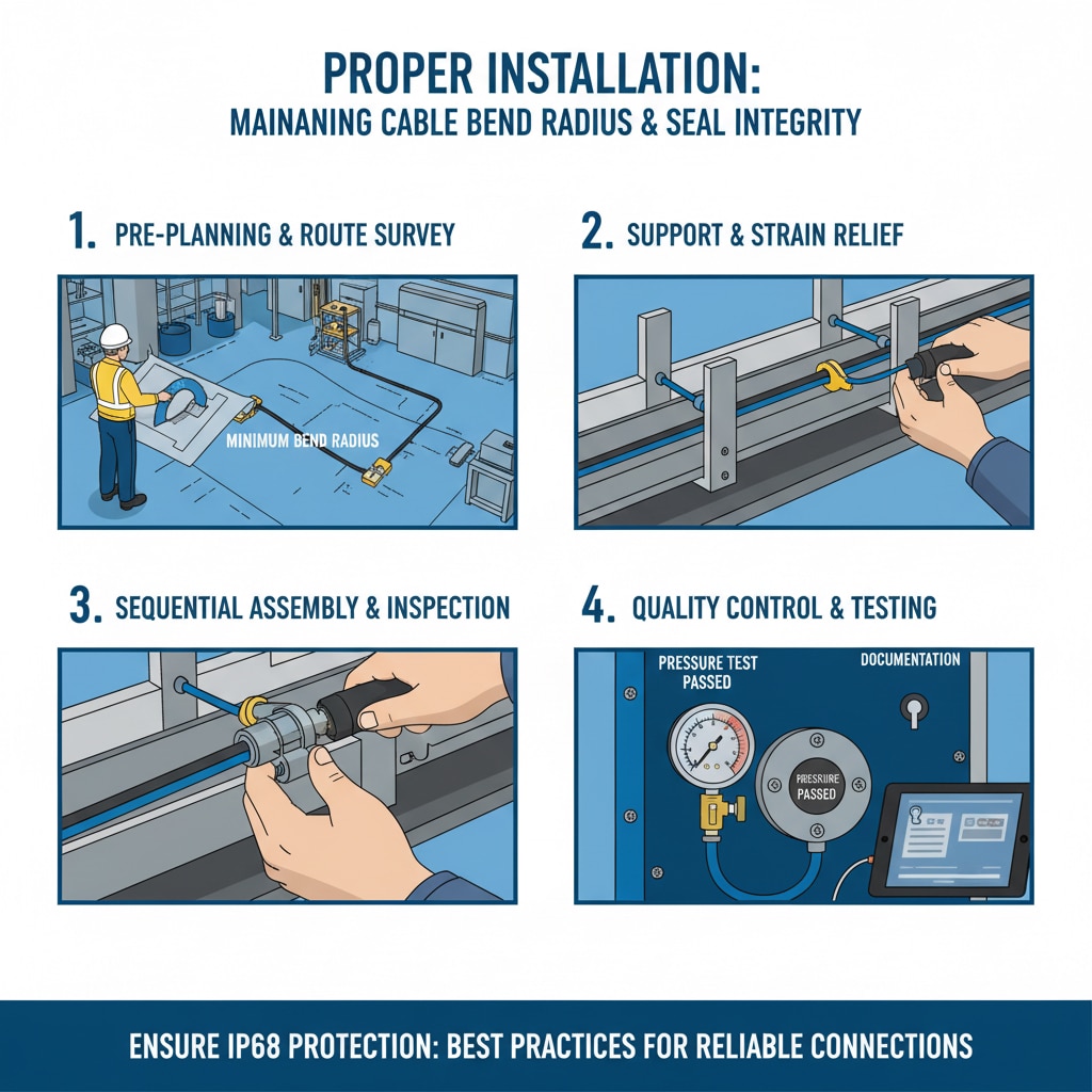 Infografika od četiri panela pod naslovom "PRIJE INSTALACIJE: ODRŽAVANJE POLUMJERE SAVIJANJA KABELA I INTEGRITETA ZATVARA." Svaki panel ilustrira jedan korak: 1. "PRIPREMA I PREGLED RUTE" prikazuje inženjera koji planira rute kabela. 2. "NOSAČI I RASTEREĆENJE NAPREZANJA" prikazuje ruke koje postavljaju nosače kabela. 3. "SLJEDBENO MONTIRANJE I INSPEKCIJA" prikazuje krupni plan montaže konektora. 4. "KONTROLA KVALITETE I TESTIRANJE" prikazuje manometar i tablet koji prikazuje rezultate testiranja i dokumentaciju.
