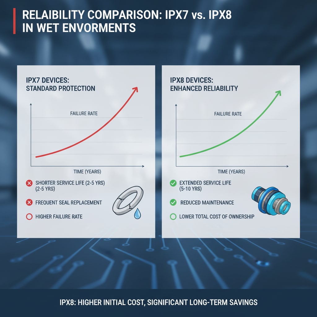En jämförande infografik som visar två grafer sida vid sida, var och en visar "Failure Rate" över "Time (Years)". Den vänstra grafen, med titeln "IPX7 DEVICES: STANDARD PROTECTION", visar en brant stigande röd kurva med tillhörande text som anger "SHORTTER SERVICE LIFE (2-5 YRS)", "FREQUENT SEAL REPLACEMENT" och "HIGHER FAILURE RATE", tillsammans med en nedbruten O-ring. Den högra grafen, med rubriken "IPX8 DEVICES: ENHANCED RELIABILITY", visar en mycket flackare, långsammare stigande grön kurva med text som anger "EXTENDED SERVICE LIFE (5-10 YRS)", "REDUCED MAINTENANCE" och "LOWER TOTAL COST OF OWNERSHIP", tillsammans med en robust, väl tätad kontakt. Längst ned på bilden finns ett avslutande uttalande: "IPX8: HÖGRE INITIALKOSTNAD, BETYDANDE LÅNGSIKTIGA BESPARINGAR".