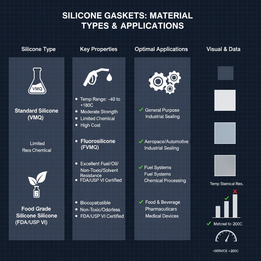 Infografikas "SILIKONINĖS GAZETĖS: MATERIALŲ TIPAI IR PRIEMONĖS" pateikiamas trijų rūšių silikono palyginimas: Standartinis silikonas (VMQ), fluorosilikonas (FVMQ) ir maistinis silikonas (FDA/USP VI). Jame išsamiai aprašomos pagrindinės savybės, tokios kaip temperatūros diapazonas, stiprumas, atsparumas cheminėms medžiagoms ir sertifikavimas, taip pat optimalios taikymo sritys, pavyzdžiui, bendras pramoninis sandarinimas, aviacijos ir kosmoso pramonė, degalų sistemos, maisto perdirbimas ir medicinos prietaisai. Dešinėje pusėje esančioje skiltyje "Vaizdas ir duomenys" simboliškai pavaizduotos medžiagos savybės, įskaitant temperatūros diapazoną, atsparumą cheminėms medžiagoms ir sertifikavimo statusą.