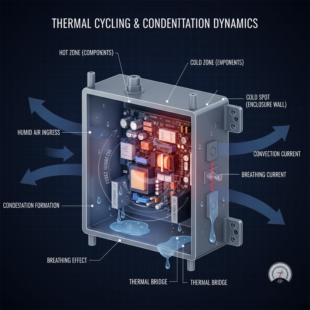 Um diagrama pormenorizado em corte que ilustra a dinâmica do ciclo térmico e da condensação num armário elétrico, mostrando a entrada de ar húmido, correntes de convecção, efeitos de respiração, zonas quentes e frias nos componentes, pontos frios nas paredes do armário, pontes térmicas e a consequente formação de condensação e acumulação de água, com um indicador que mostra um diferencial de temperatura de 15°C.