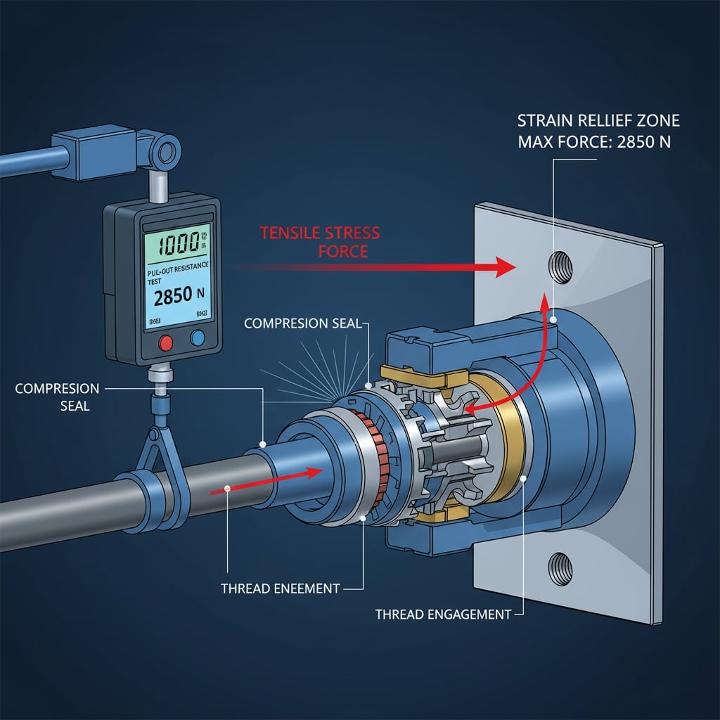 Детаљан дијаграм који илуструје "тест отпора извлачењу" каблске пролазне спојнице. Дигитални мерач силе мери напрезање у вучењу примењено на кабл, који је осигуран компресионим заптивком у делимично пресеченом кућишту каблске пролазне спојнице. Кључне компоненте као што су зона ослобађања напрезања, компресиони заптивни прстен и заплет вијка означене су, показујући како доприносе отпорности на извлачење.