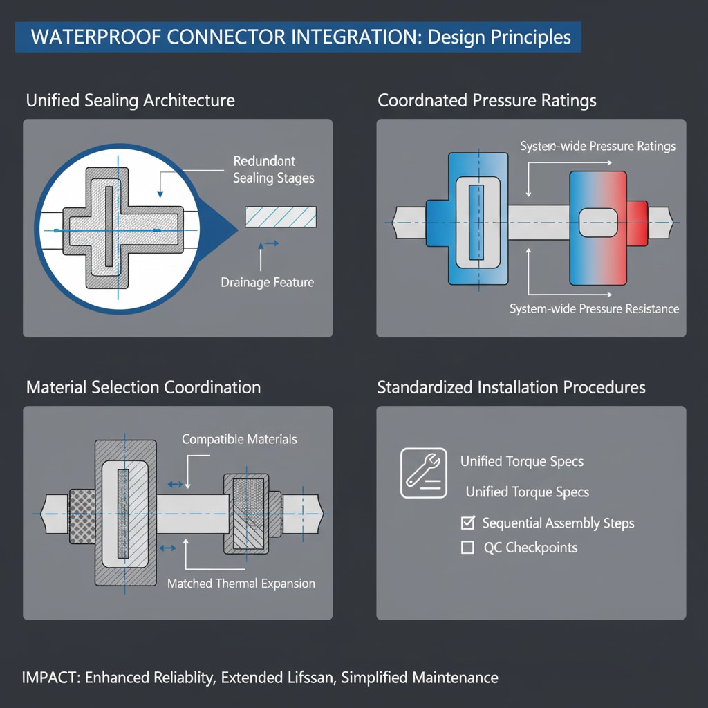 Čtyřpanelové schéma znázorňující konstrukční zásady pro integraci vodotěsných konektorů. Levý horní panel "Jednotná těsnicí architektura" ukazuje průřez s "redundantními těsnicími stupni" a "odvodňovacím prvkem". Pravý horní panel, "Koordinované tlakové poměry", znázorňuje dvě propojené součásti, které ilustrují "Tlakové poměry celého systému" a "Tlakovou odolnost celého systému". Vlevo dole, "Koordinace výběru materiálu", jsou zvýrazněny "Kompatibilní materiály" a "Shodná tepelná roztažnost" ve spojeném provedení. Vpravo dole, "Standardizované montážní postupy", je ikona a kontrolní seznam s "Jednotnými specifikacemi točivého momentu", "Postupnými montážními kroky" a "Kontrolními body kontroly kvality". Celkový dopad je "Zvýšená spolehlivost, prodloužená životnost, zjednodušená údržba"."
