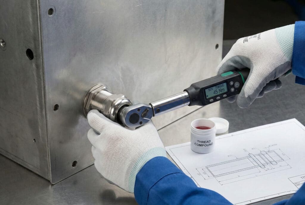 Um técnico com luvas usa uma chave de torque digital calibrada para apertar um prensa-cabos de rosca longa de aço inoxidável em um invólucro metálico espesso. O visor digital da chave mostra claramente "50% TORQUE: 45 Nm", ilustrando a etapa de aperto progressivo enfatizada nos procedimentos de instalação. Um recipiente rotulado "THREAD COMPOUND" (composto para roscas) e plantas técnicas estão visíveis na bancada ao lado da área de trabalho.